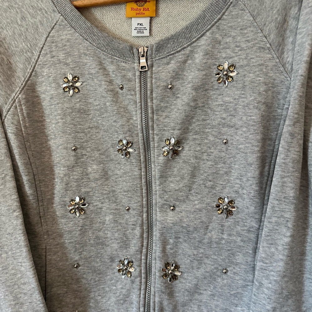 Ruby Rd Gray Zip Up With Floral Embellishments - image 2